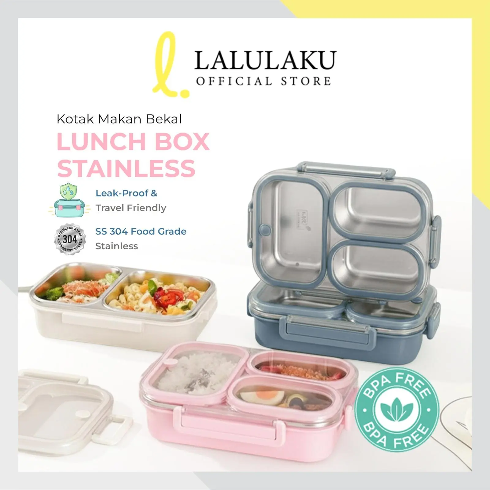 LaNatuna Kotak Bekal Lunch Box Bento Box Stainless Steel SUS304 Anti Bocor, Food Grade dengan 2 atau 3 Sekat