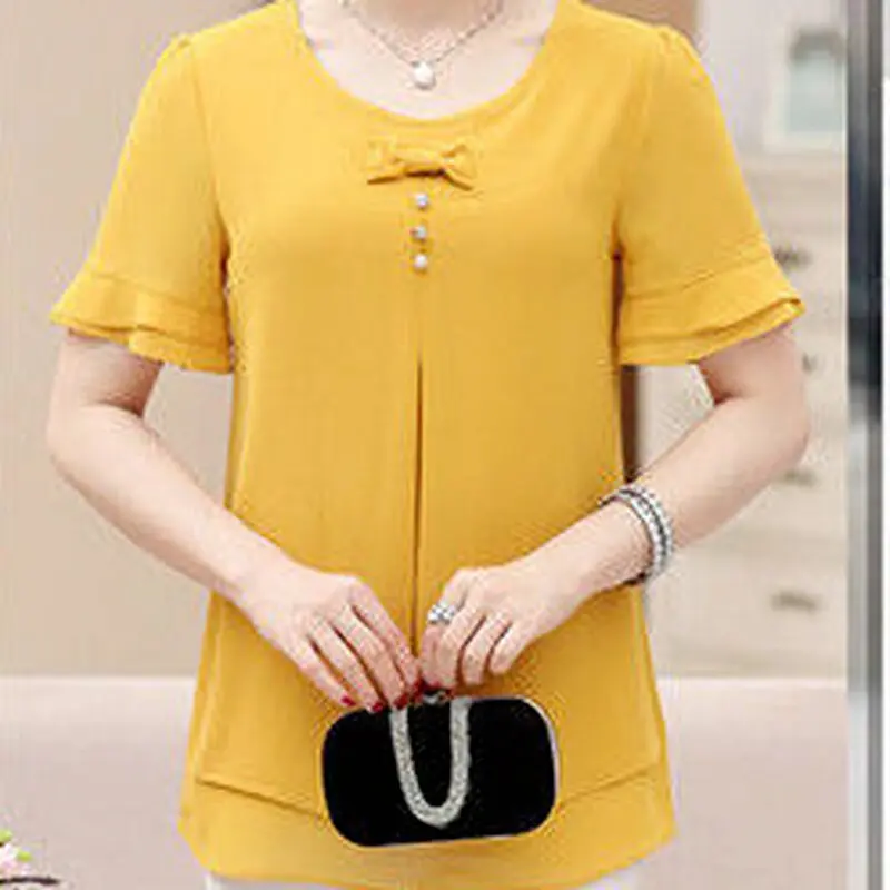 Áo Cánh Dáng Rộng Thường Ngày Cho Phụ Nữ Trung Niên, Áo Voan Nữ, Thời Trang Ngắn Tay, Thanh Lịch, Áo Sơ Mi Ngoại Cỡ 5Xl, Mùa Hè
