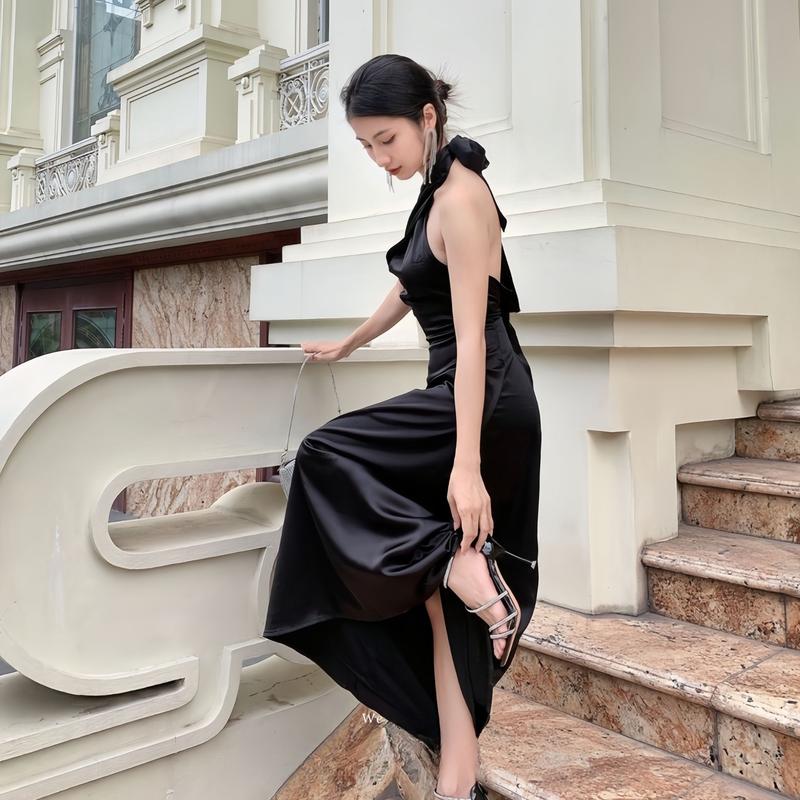 Váy Tiểu Thư Dáng Dài 2 Lớp Thắt Nơ SilkChic 361 Đầm Lụa Dự Tiệc Hở Lưng Cổ Chéo Sang Trọng Nữ Women Dress 7