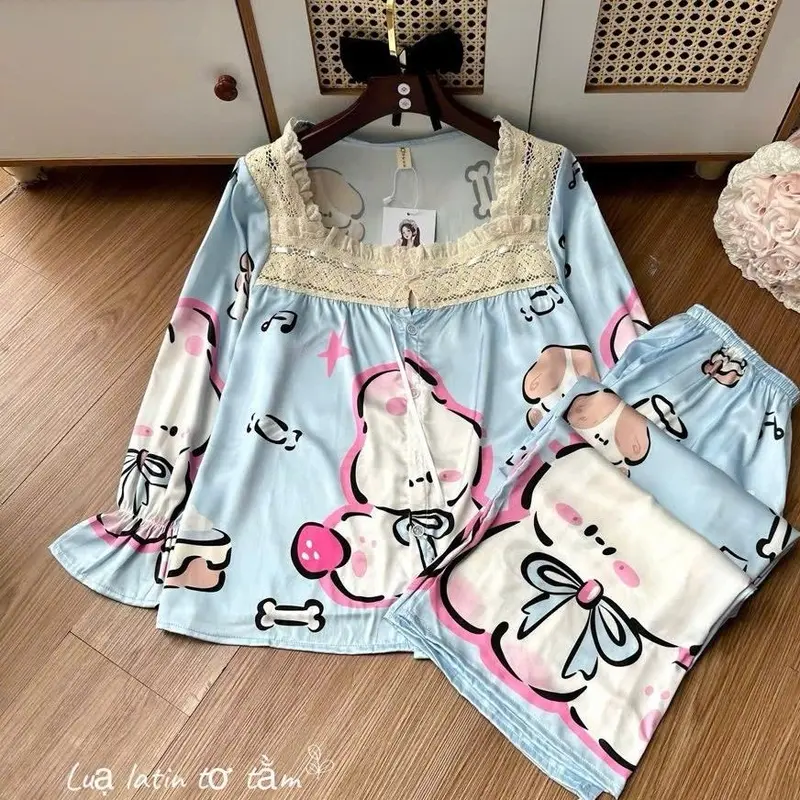 [40-60KG]Bộ Lụa Latin Tơ Tằm Cao Cấp TDQD Cổ Vuông Tiểu Thư Mix Ren In Full Họa Tiết 5D Queen Mềm Mát Mặc Nhà Cao Cấp VIP36 Women Nữ Áo Quần Ngủ  Top Cạp Cao Kem 4