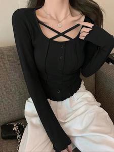 春と秋のためのセクシーなニットレディースフィットTシャツ、レディースのためのスタイリッシュなカジュアルTシャツ、快適でシックな日常着
