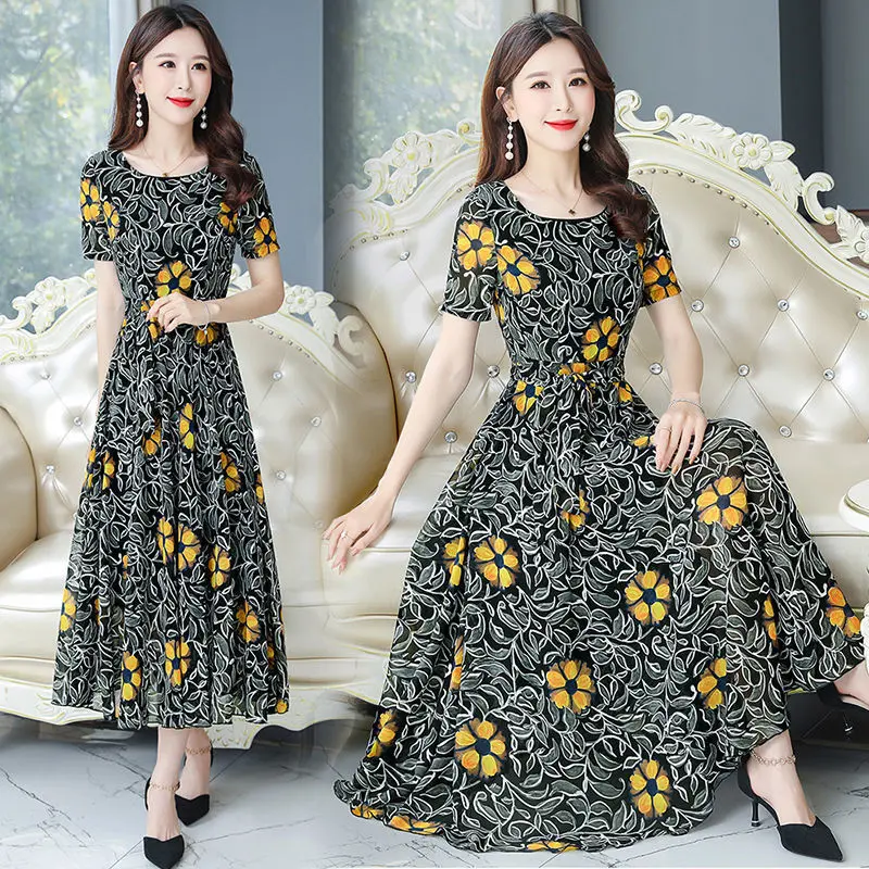Váy Lụa Lạnh Giả, Thời Trang Mới Mùa Hè 2025, Giấu Bụng, Dành Cho Phụ Nữ Trung Niên, Trông Thon Gọn Và Thanh Lịch, Thiết Kế Hoa Cho Mẹ