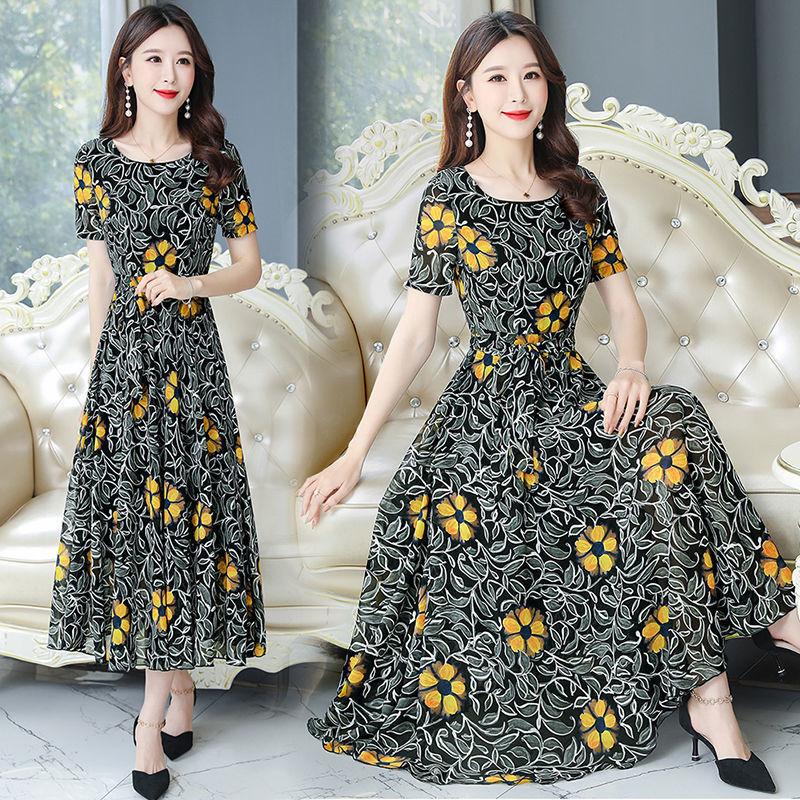Váy Lụa Lạnh Giả, Thời Trang Mới Mùa Hè 2025, Giấu Bụng, Dành Cho Phụ Nữ Trung Niên, Trông Thon Gọn Và Thanh Lịch, Thiết Kế Hoa Cho Mẹ 0