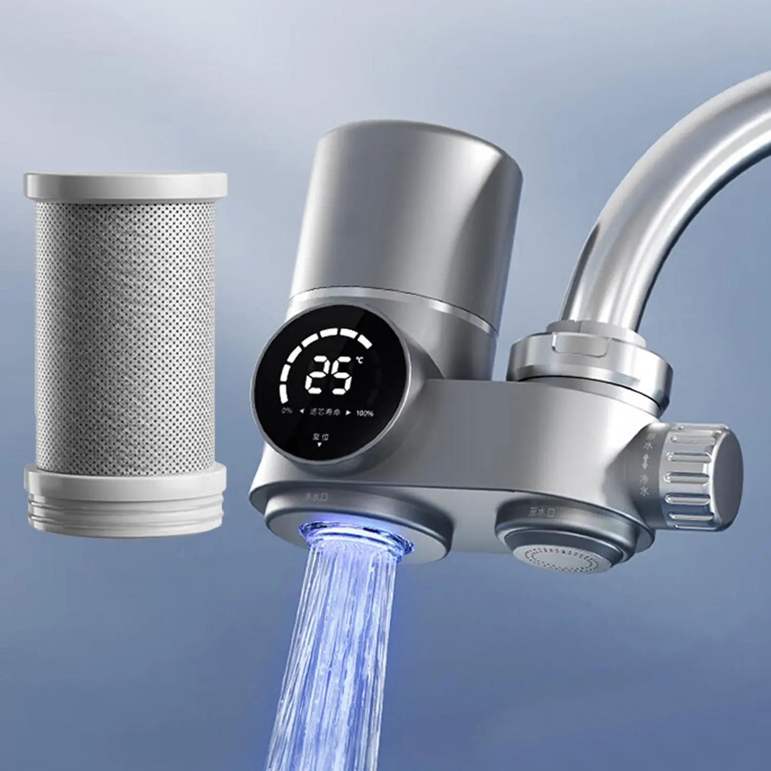 Faucet Mounted Water Filter, LED Sink Filter with 1 Cartridge, Tap Water Filter for Standard Faucets, Modern Household Kitchen Appliances, Home