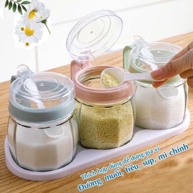 Bộ 3 hộp nhựa hũ đựng gia vị nắp bật tiện dụng Việt Nhật kèm thìa MS 2938