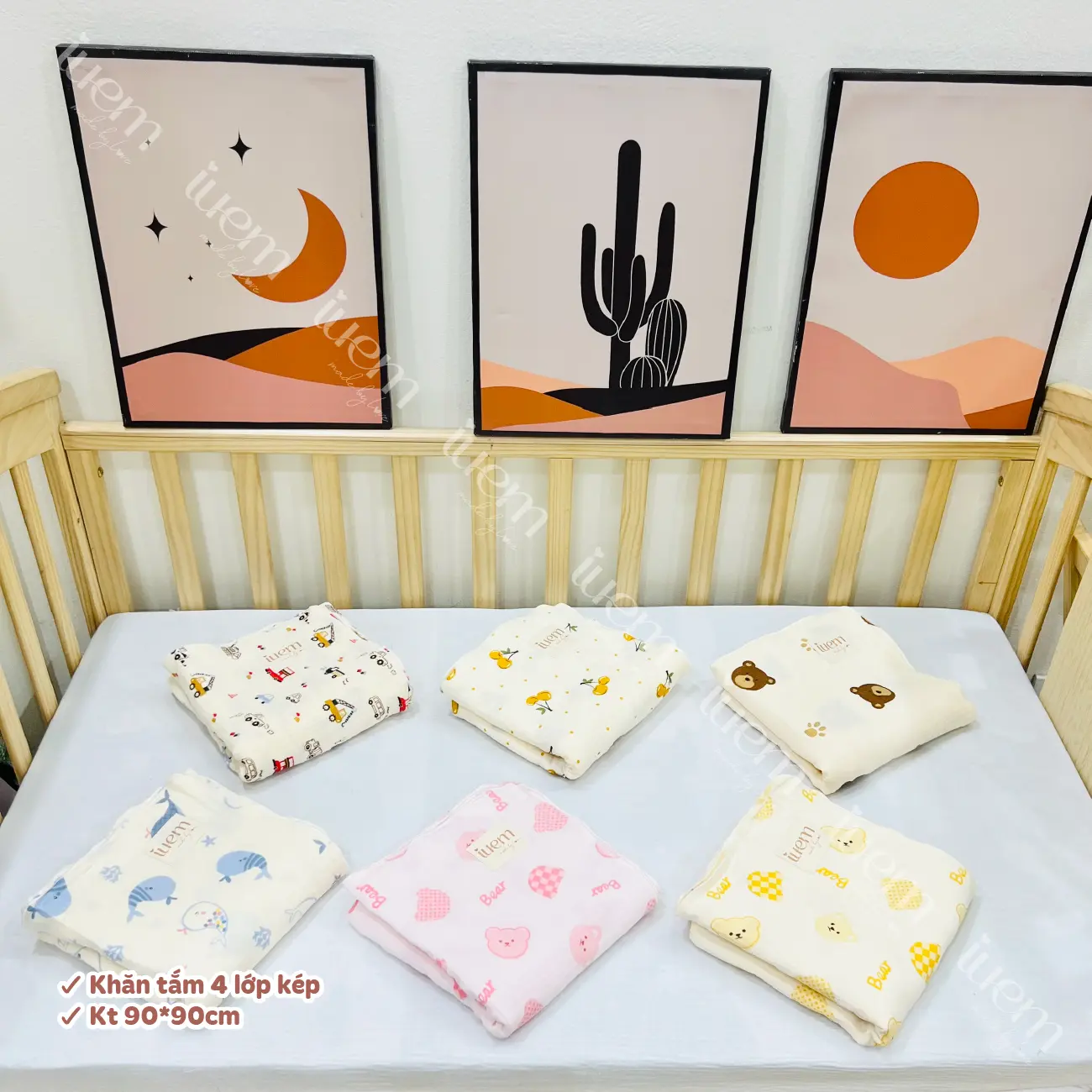 iuem Khăn tắm 4 LỚP KÉP xô muslin khổ trung kích thước 90*90cm dành cho bé từ sơ sinh tới lớn, có thể kết hợp làm quấn kén, chăn đắp, chất dày dặn, mềm mịn, thấm hút tốt. (kích thước +-2cm)