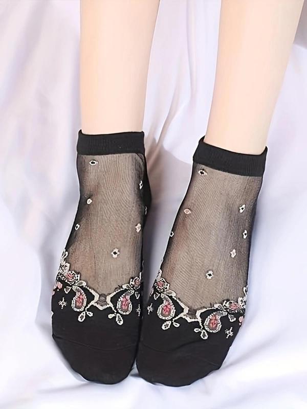 Women's 5 Pairs Floral Pattern Contrast Mesh Ankle Socks, Summer 2024 Fashion Casual Comfy Breathable Low Cut Socks For Daily Outdoor Wear, Women's Socks For Summer 5
