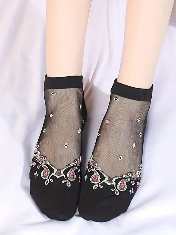 Women's 5 Pairs Floral Pattern Contrast Mesh Ankle Socks, Summer 2024 Fashion Casual Comfy Breathable Low Cut Socks For Daily Outdoor Wear, Women's Socks For Summer 5