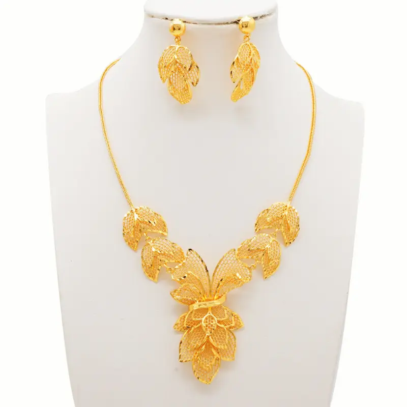 Hot Selling Dubai Luxury 24K Gold Plated Necklace Earrings Two-Piece Set Flower Bridal Wedding Jewelry 0