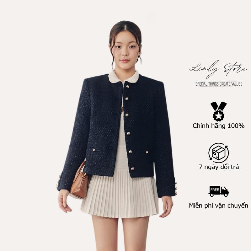Áo khoác dạ tweed dáng lửng áo dạ tweed nữ thiết kế cổ tròn màu xanh than Linly Store A-VEST32