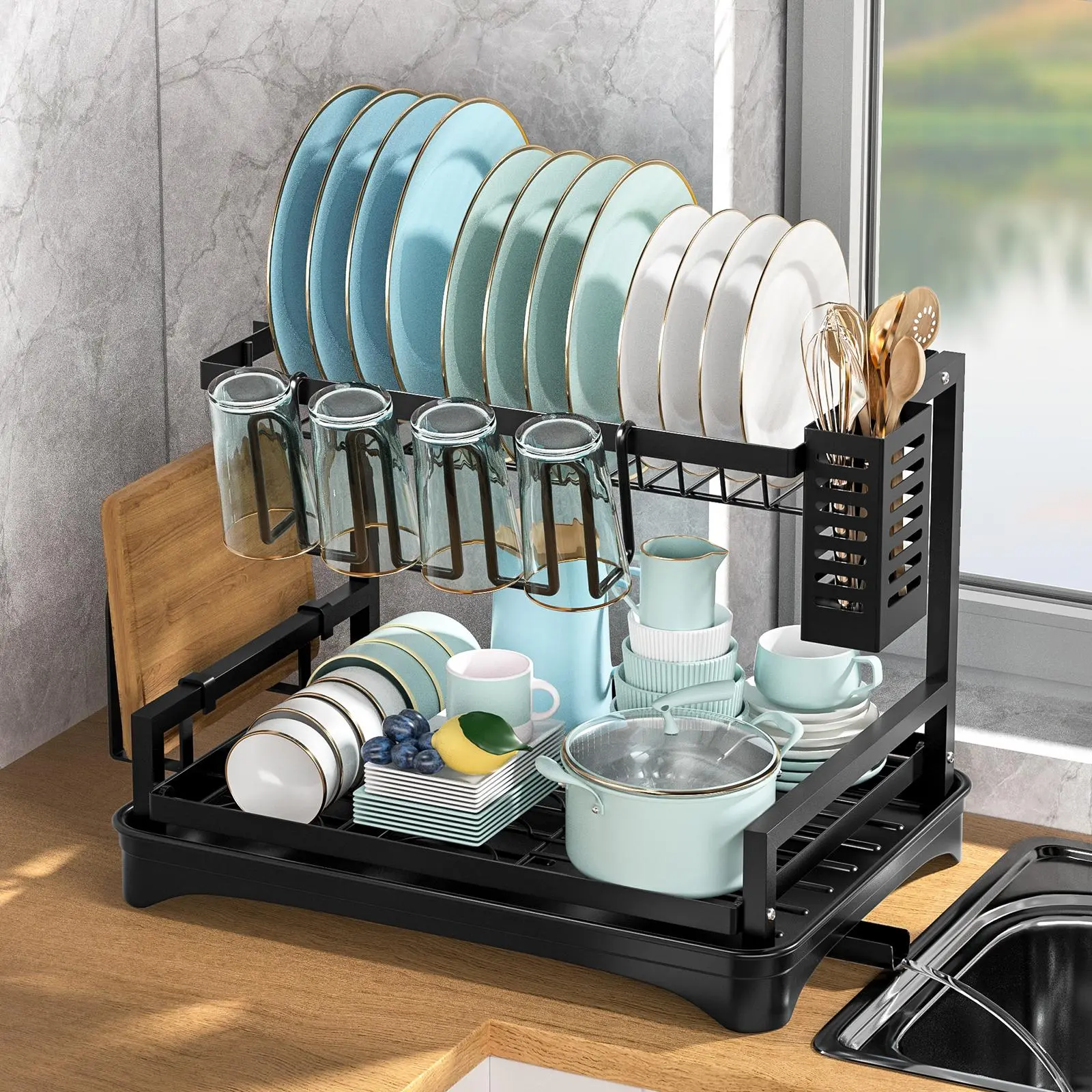2 Tier Dish Drying Rack, 1 Count Durable Multi-function Dish Drainer Rack, Kitchen Tableware Rest, Kitchen Accessories Organizers, Home Bundles