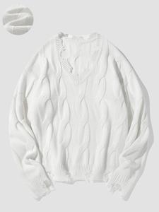 Men's Solid Distressed  Hem Cable Knit Sweater, Regular Fit Casual Long Sleeve V Neck Jumper for Fall & Winter, Fashion Men's Knitwear for Daily Wear