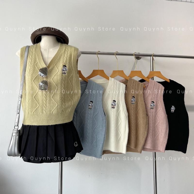 Áo Len Gile Hoạ Tiết Thêu Gấu,Cổ Tim Vân Thừng Hàng QC Nhiều Màu Dễ Phối Đồ Hàng QC Nữ Top