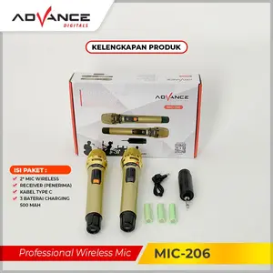 Advance Digitals MIC-206 Mikrofon Nirkabel Profesional Double Paket Karaoke Bluetooth Bass 2 Unit Mic Wireless 1 Receiver 1 Kabel Type C 3 Baterai Charging 500 mAh Garansi 1 Tahun
