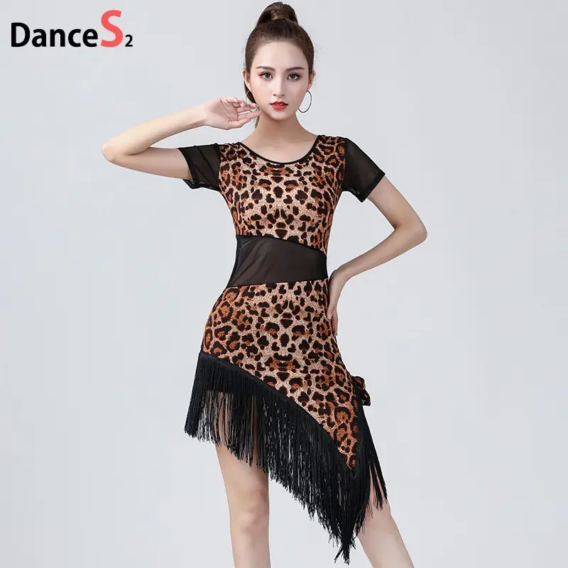 Trang Phục Khiêu Vũ Latin, Dành Cho Nữ, Họa Tiết Da Báo Tua Rua, Thích Hợp Biểu Diễn Khiêu Vũ, Váy Khâu Lưới Gợi Cảm, Hàng Mới Về