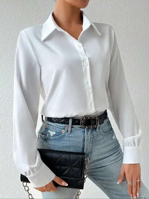 Women's Solid Color Button Bodysuit, Casual Comfy Long Sleeve Bodysuit for Work Office Business, Ladies Clothes for Spring 2
