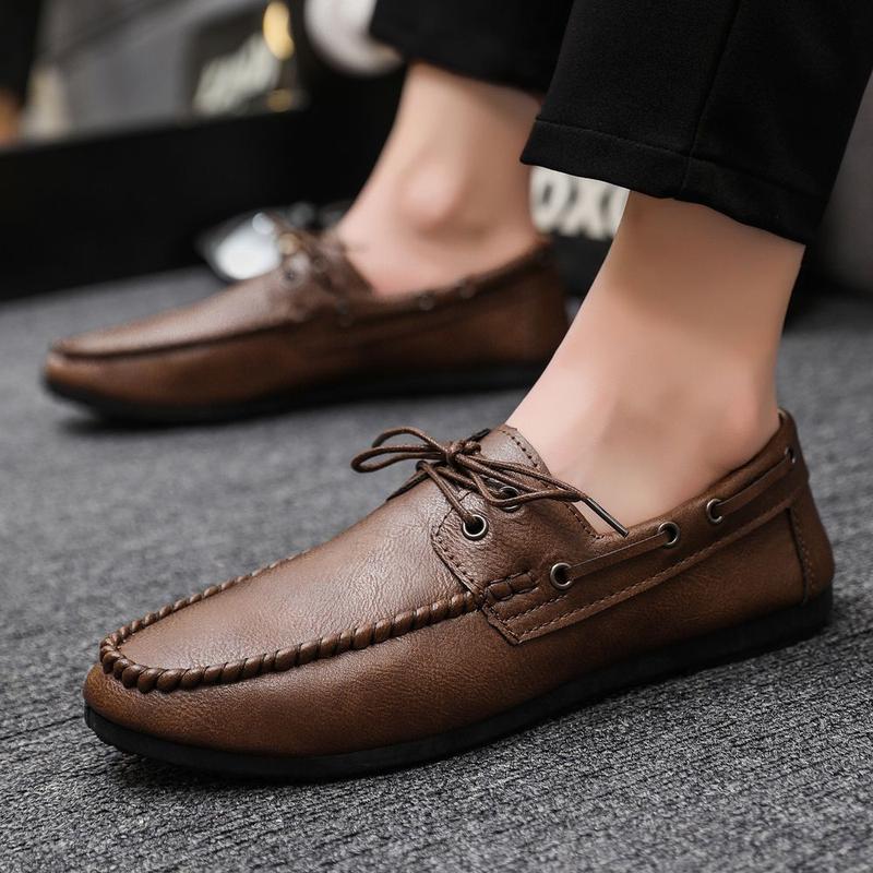 Round Toe Shoes Casual Men's Slip-on Leather Shoe Flat Lightweight Breathable Dress Shoes 2024 New 0