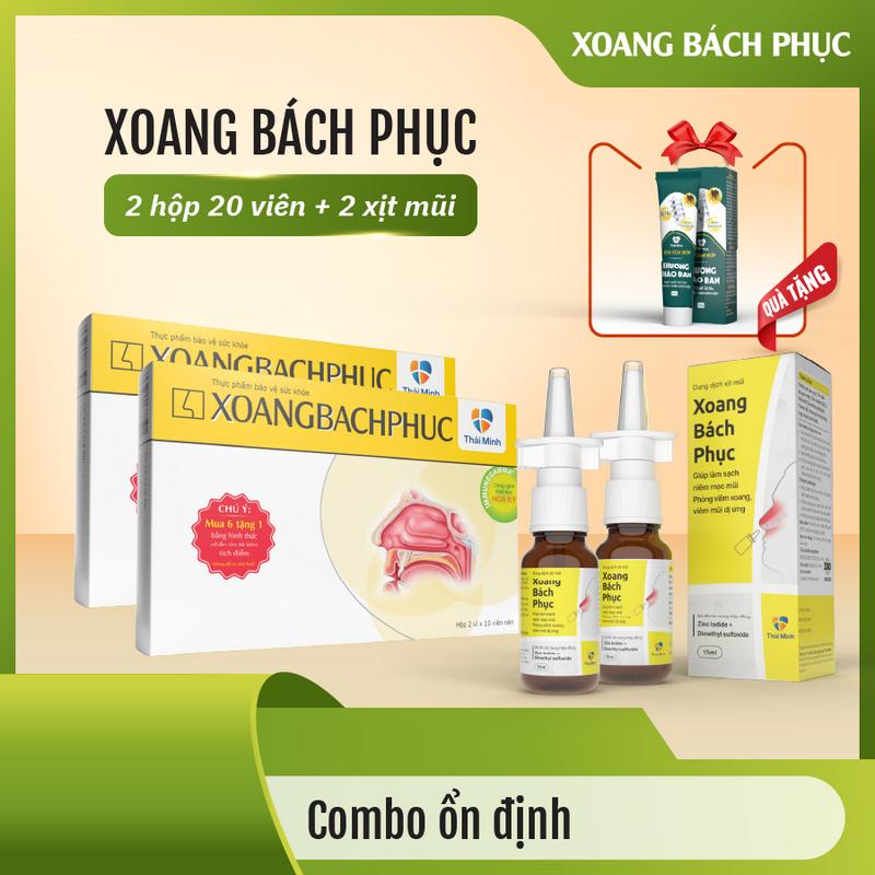 [COMBO 2 HỘP XOANG BÁCH PHỤC 20 VIÊN + 2 XỊT MŨI XOANG BÁCH PHỤC] Hỗ trợ giúp Mũi thoáng - Cải thiện đau nhức, cải thiện ngạt mũi, hắt hơi, sổ mũi Chai xịt 15ml, hộp 20 viên
