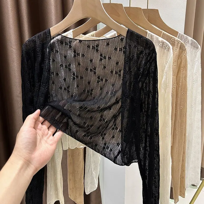 Áo Cardigan Lưới Hoa Dài Tay Cho Nữ, HANACLOTHING01, Áo Cardigan Trơn Chính Hãng Co Giãn Tối Đa 56kg Tùy Chiều Cao, Dễ Phối Đồ Với Quần Áo Cỡ Vừa 1
