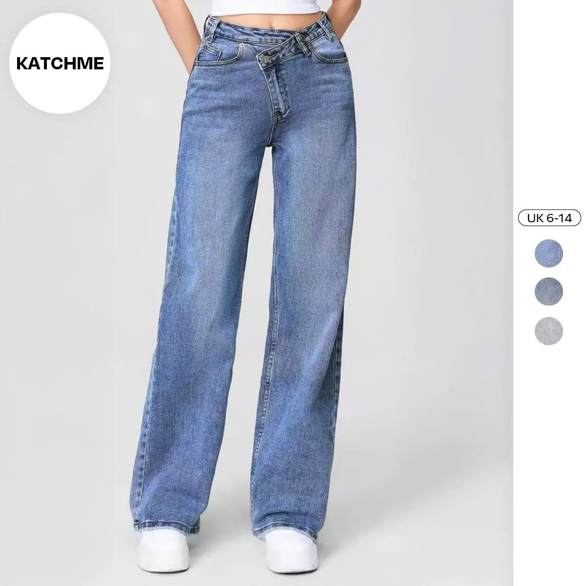 KatchMe Women's Street Chic High Waist Multi-Pocket Baggy Denim Wide Leg Jeans, Versatile Streetwear Outfits, Asymmetric Waist Denim Trousers