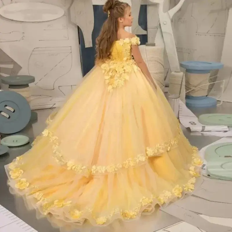 yellow flower girl dresses Tulle with Sunflower Belt Dress for Communion Pageant bridesmaid and any special occasion Yellow 3D Floral Dress with