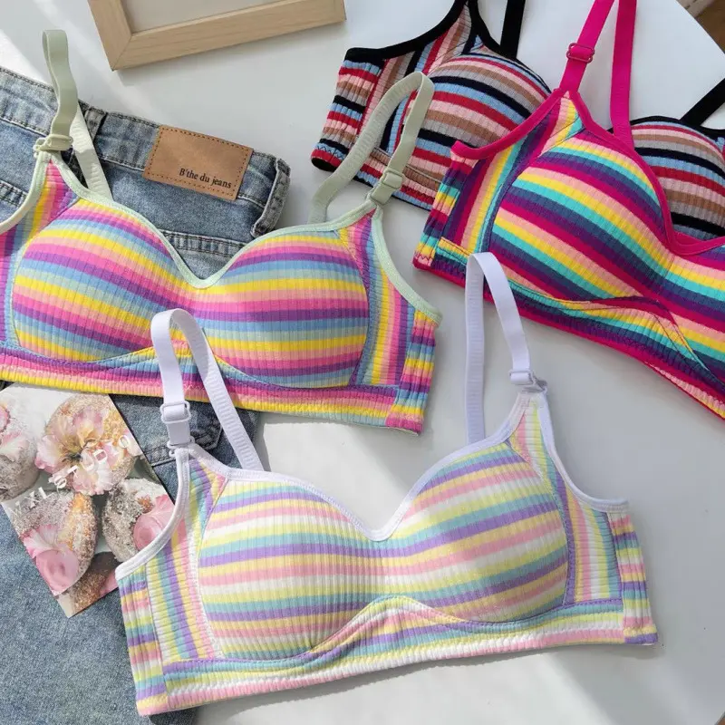 Retro style rainbow stripes girls dopamine bra without underwire underwear gathers small chests to make them look bigger and prevent sagging bra Comfort Nylon Womenswear Bottom