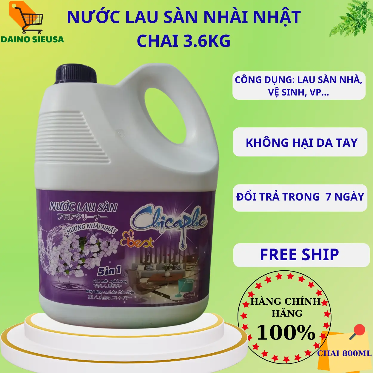 Nước Lau sàn Nhài Nhật Chicaphe can 3.6kg, thơm,Diệt 99% vi khuẩn, bụi bẩn - Shop Bố Daino Làm Sạch bột không gây dị ứng