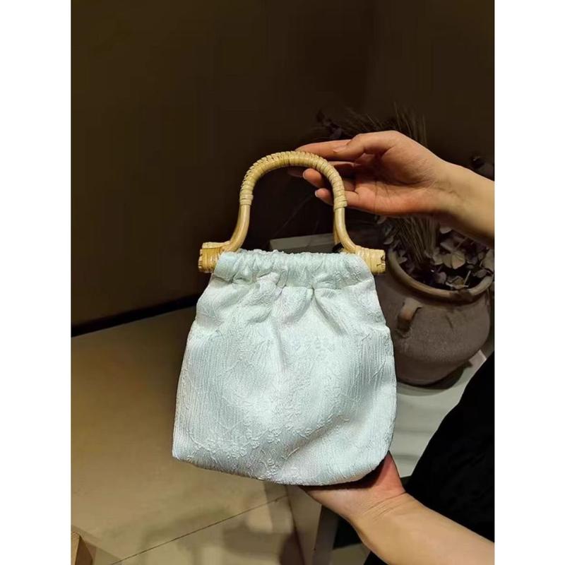 Túi Lụa Tay Cầm Mây Tre Phong Cách Trung Hoa, Túi Xách Tay Vintage, Túi Mây Tre Cổ Trang 1