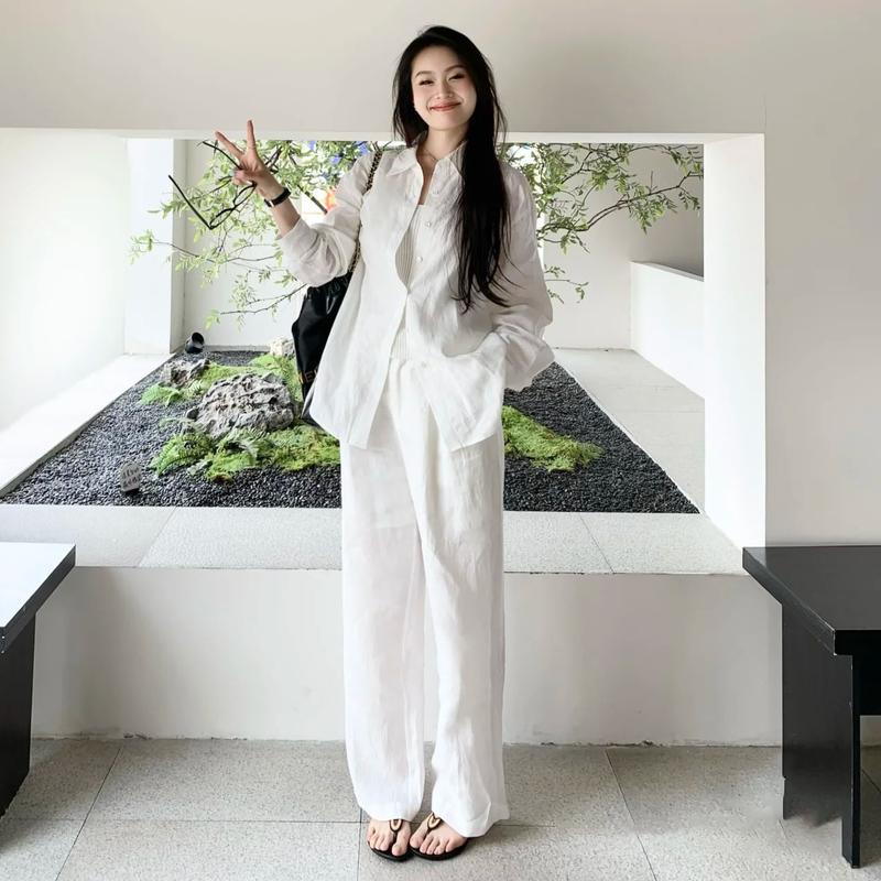 SET đồ nữ sang chảnh vải đũi tơ kiểu dáng Hàn Quốc - SET sơ mi quần dài ống rộng mặc đi chơi, đi biển, đi du lịch Áo Women