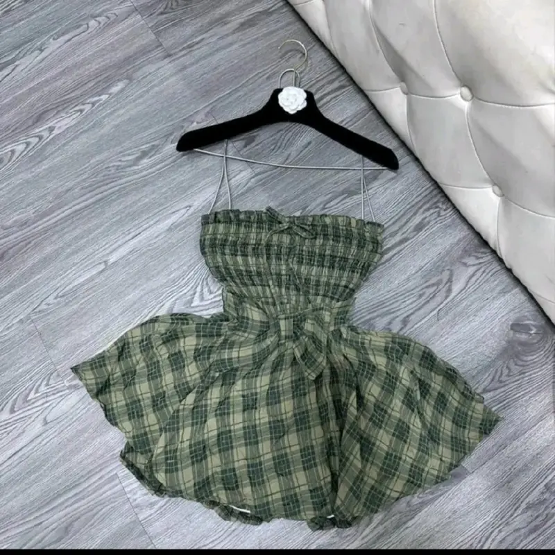 sét carô áo nhún thun kèm chân váy đính nơ Nữ 5