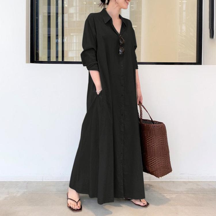 Product Introduction of Women European and American style cotton linen solid color lapel long sleeve insert bag simple loose casual long shirt dress 50