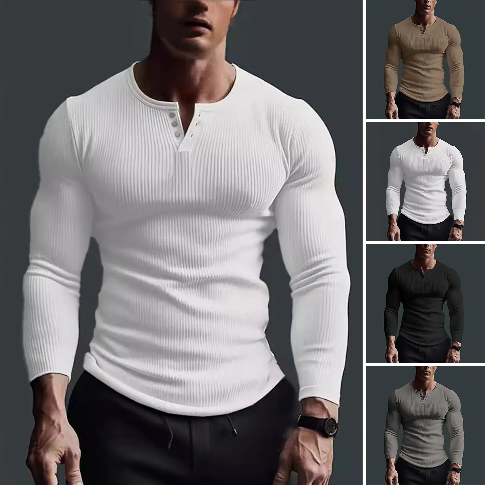 aHnitvang-Spring Autumn Men Top Buttoned V Neck Slim Fit Stretchy Mid Length Tee Long Sleeves Pullover Sweatshirt for Home Sports Gym Street Wear