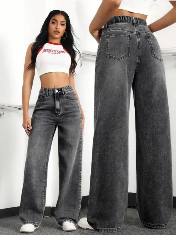 Women's Plain Wide Leg Denim Jeans, Casual Comfy Pocket Button Fly Trousers for Daily Wear, Ladies Bottoms for All Seasons, Pants, High Rise Jeans 5