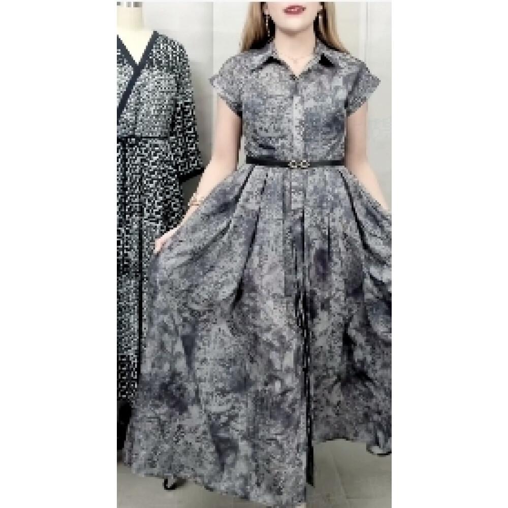 FADFAD Gaun Gaya Elegan Lengan Pendek Berkerah Rok Panjang Lebar Motif Cetak Dengan Sabuk Untuk Wanita