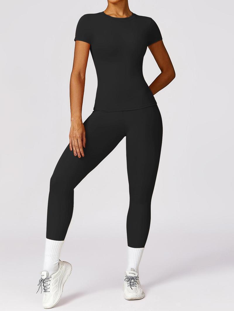 Product Introduction of Women's Solid Round Neck Tee & Leggings Tracksuit Set, Sporty Comfy Breathable Sportswear Set for Gym Workout Running, Ladies Sportswear for All Seasons, Activewear 7