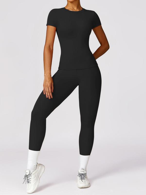 Women's Solid Round Neck Tee & Leggings Tracksuit Set, Sporty Comfy Breathable Sportswear Set for Gym Workout Running, Ladies Sportswear for All Seasons, Activewear 6