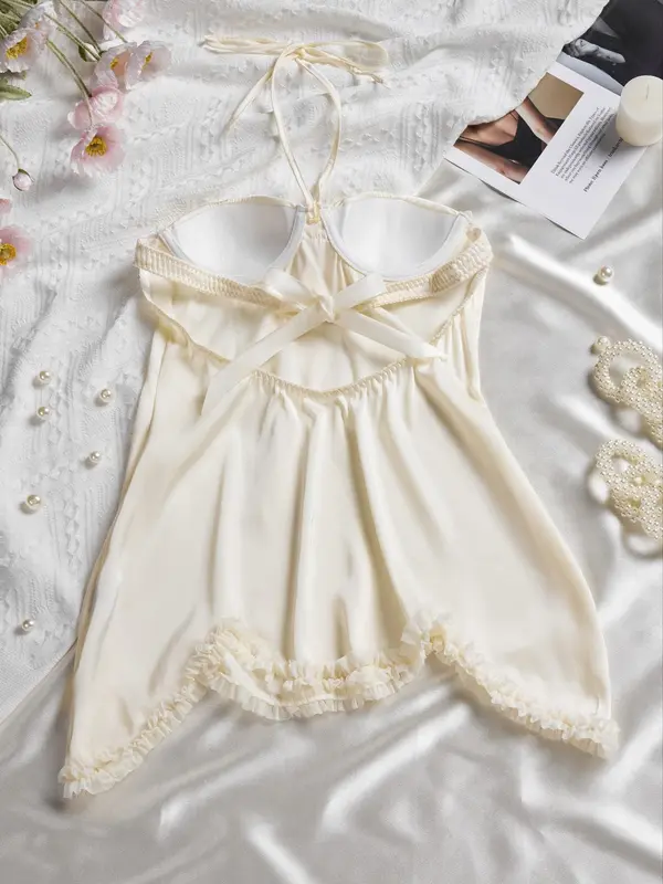 Women's Contrast Lace Big Bow Tie Back Cami Nightdress PJ, Elegant Soft Comfy Halter Nightgown Nighties for All Seasons, Women's Sleepwear for Indoor Wear 1