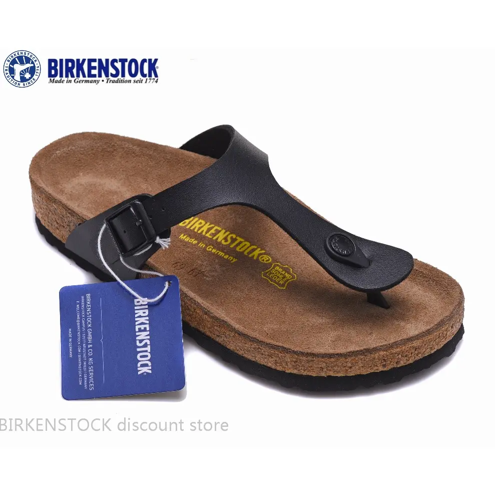 Birkenstocks Gizeh Men's/Female Classic Cork Matte Black Leather Slippers 34-46