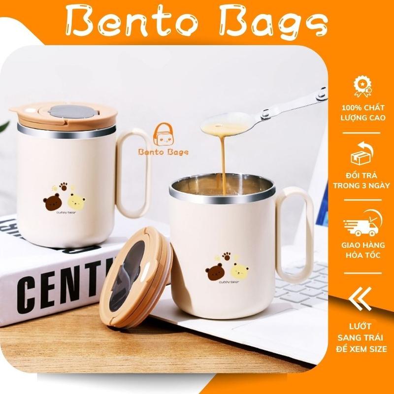Cốc giữ nhiệt uống cafe, cốc mini uống nước cute dễ thương nắp có lỗ cắm ống hút kèm thìa INOX 304 cao cấp 500ml CGN04