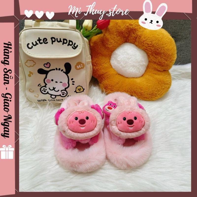 (Chọn chuẩn size) Dép nữ dép lông dép bông chéo quai sticker hải ly loopy hải ly dễ thương đế 3-4 cm DÉP BÔNG HỒNG HẢI LY