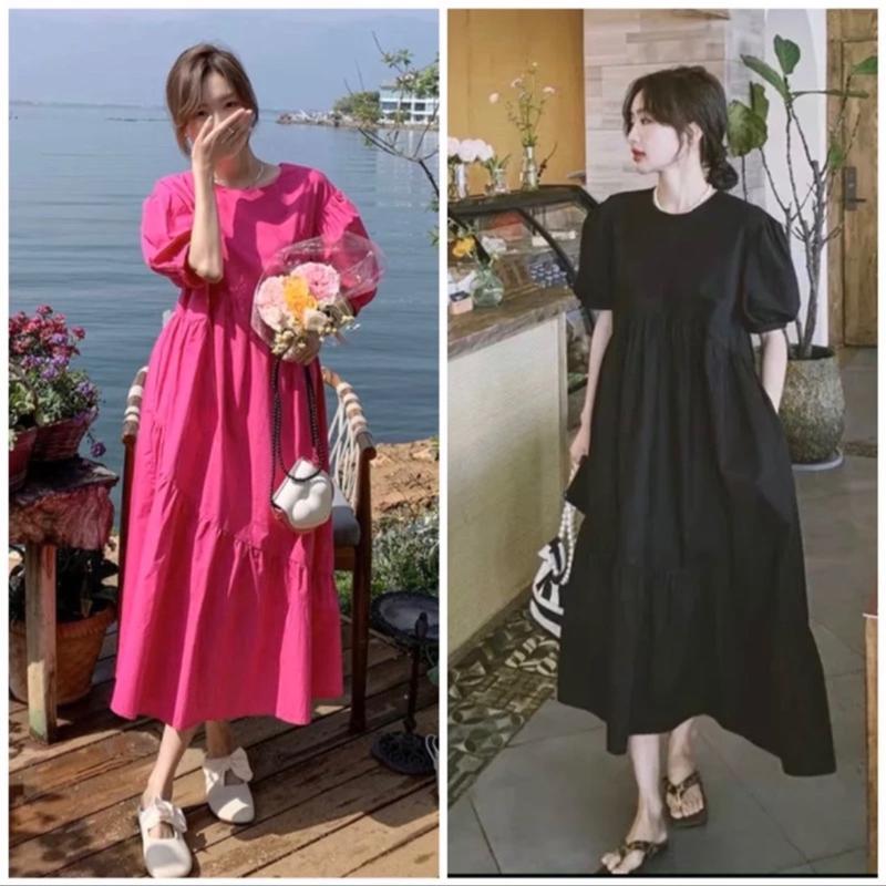  Đầm babydoll suông dài thoải mái hồng neon đen   bầu mặc được   