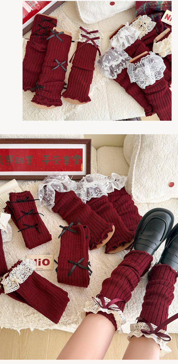 Product Introduction of Foot Sock Women's Autumn and Winter Red Leg Warmer Lolita Korean Lace New Year's Week Red Ballet Style JK Calf Socks 9