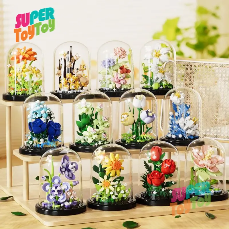 Building Blocks Set Flowers with Dust Cover Sunflower Blue Rose Lily Jasmine Daisy Flowers Gift for Girlfriends
