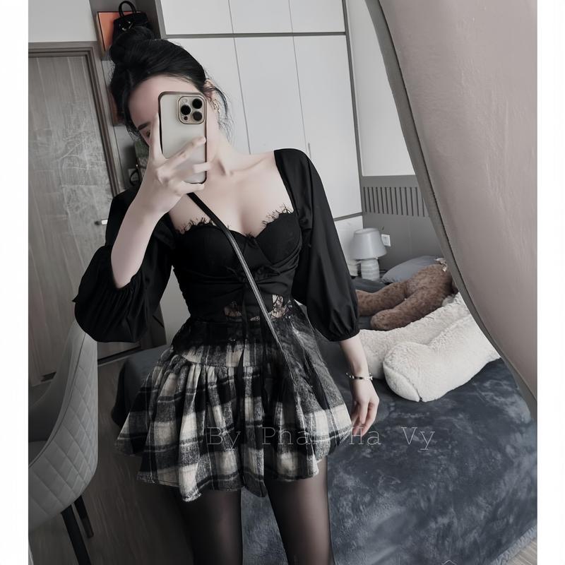 BIGSIZE HIẾU HIẾU (55-95KG) - Set áo thiết kế nữ cúp tay dài phối ren lụa + chân váy caro xếp li