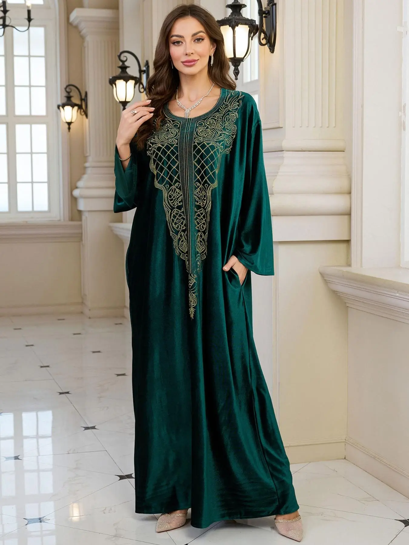 Women's Embroidered Kaftan Dress, Chic Modest Long Sleeve Round Neck Dress for Daily Wear, Ladies Clothes for All Seasons