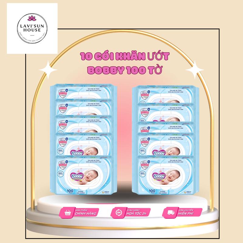 Combo 10 gói khăn ướt bobby 100 tờ không mùi cho bé sơ sinh mẫu mới Bobby,KHĂN ƯỚT BOBBY