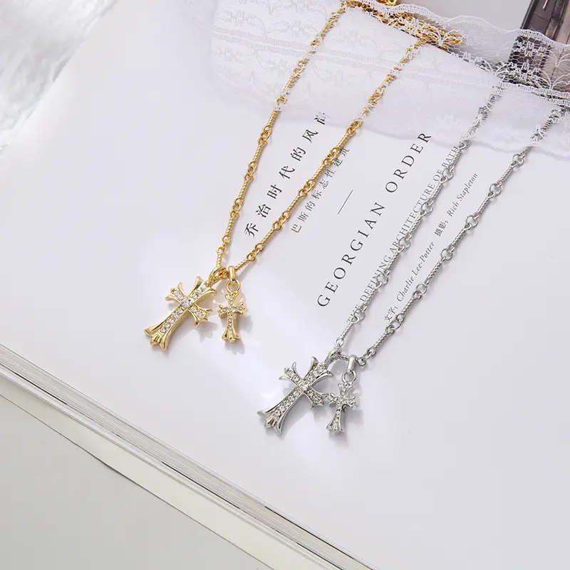 925 Silver Necklace Crocentric Cross Necklace Women Non Tarnish Gold-Plated Premium Sense Couple Sweater Chain Hanging Chain