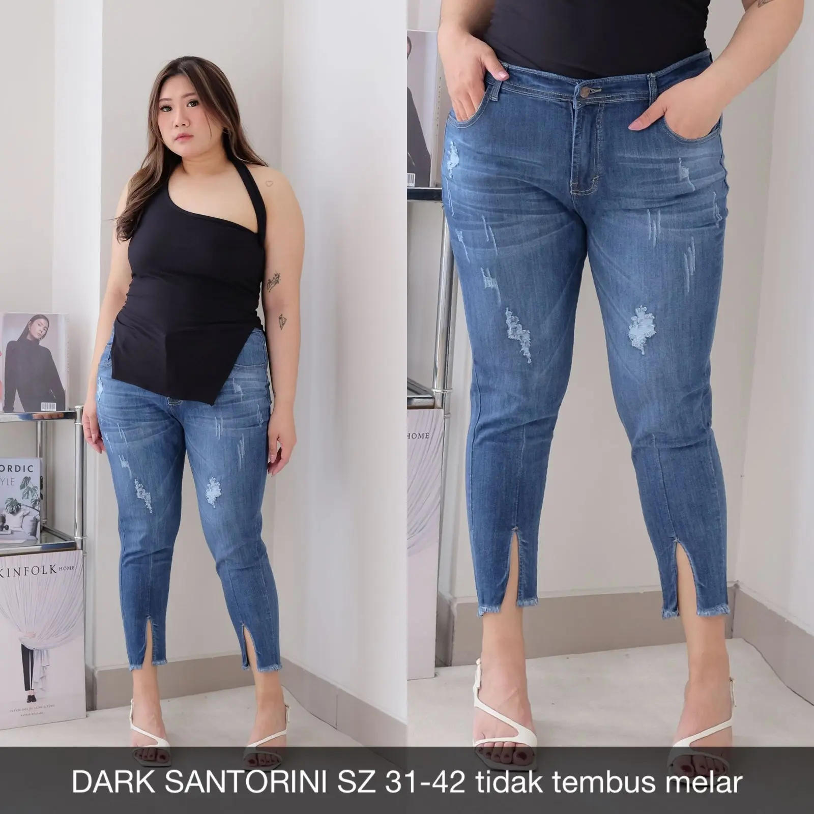 Sys Clothier Santorini Ripped Series || Celana Jeans Wanita Ukuran Normal dan Jumbo II Skinny -Highwaist -stertch - Premium Quality II COD