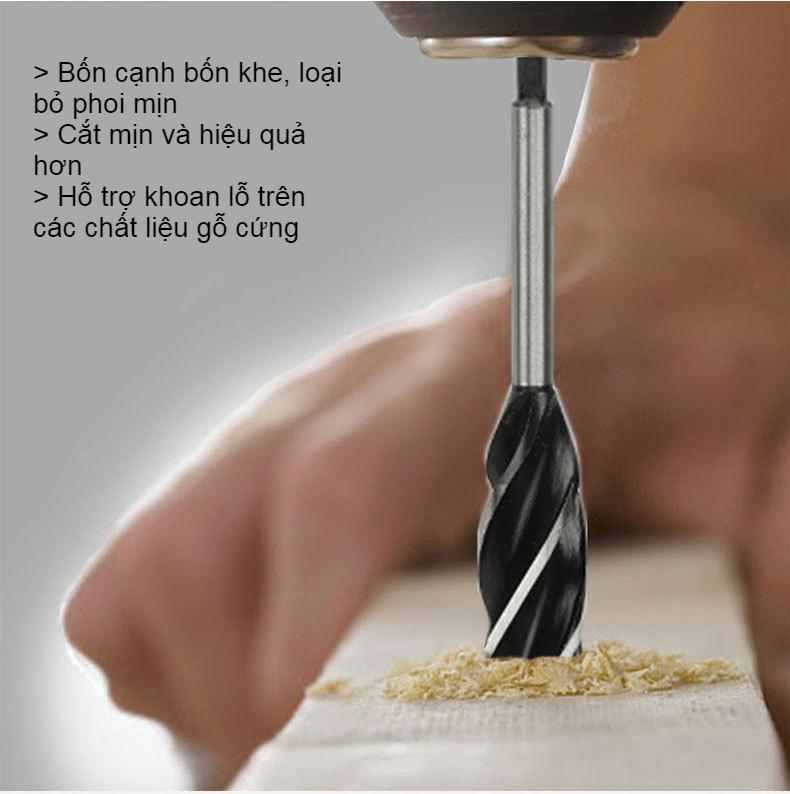 Mũi khoan khoét lỗ gỗ bốn cánh chuôi lục giác 6.35mm nhiều size 10 - 25 mm