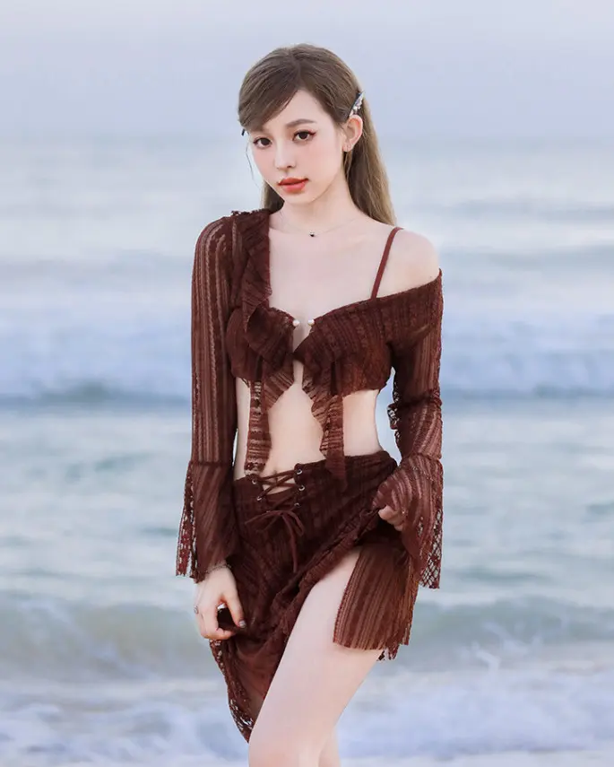 Bikini Set 3 Món, Áo Choàng Dài Tay , Váy Rút Dây, Bèo Nhún Xinh Tiểu Thư BK006 MayBlue Nữ Women